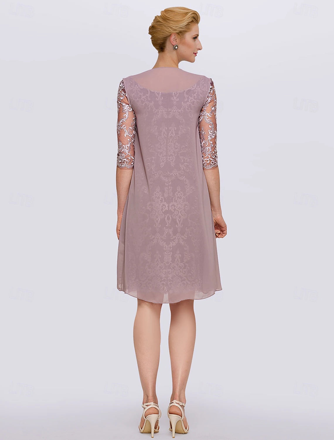 Buyishang Two Piece Sheath Mother of the Bride Dress Elegant Jewel Neck Knee Length Chiffon Lace Half Sleeve Wrap Included Jacket Dresses with Lace free custom size